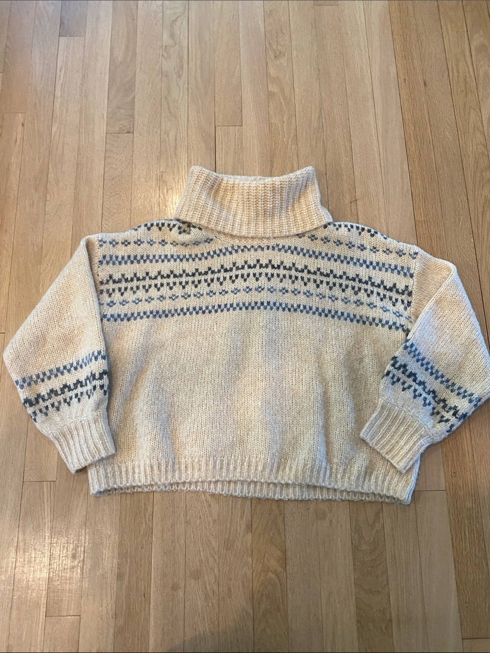Cozy Cream Turtleneck Sweater with Blue Fair Isle Pattern